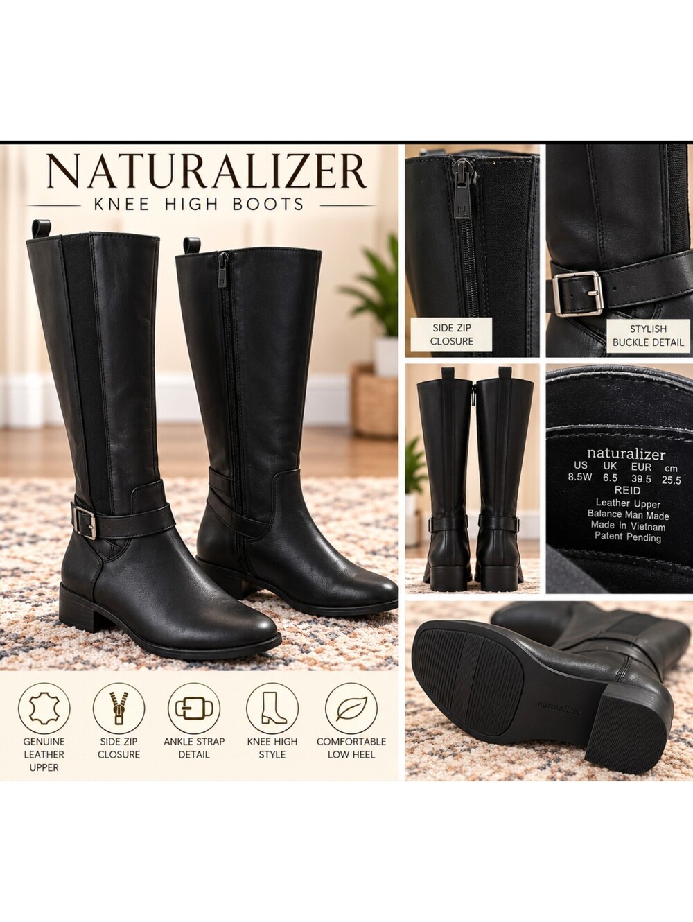 NEW Naturalizer Reid Black Leather Knee High Riding Boots Size 8.5W Wide